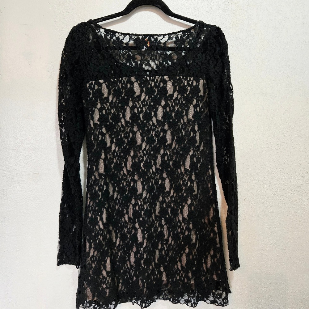 Yumi Floral Lace Long Sleeve Mini Dress Black Nude Gothic Romantic Grunge M